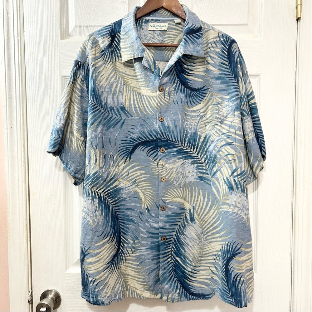 Caribbean Men's Blue and Beige Tropical Shirt. Silk. Size 2XB